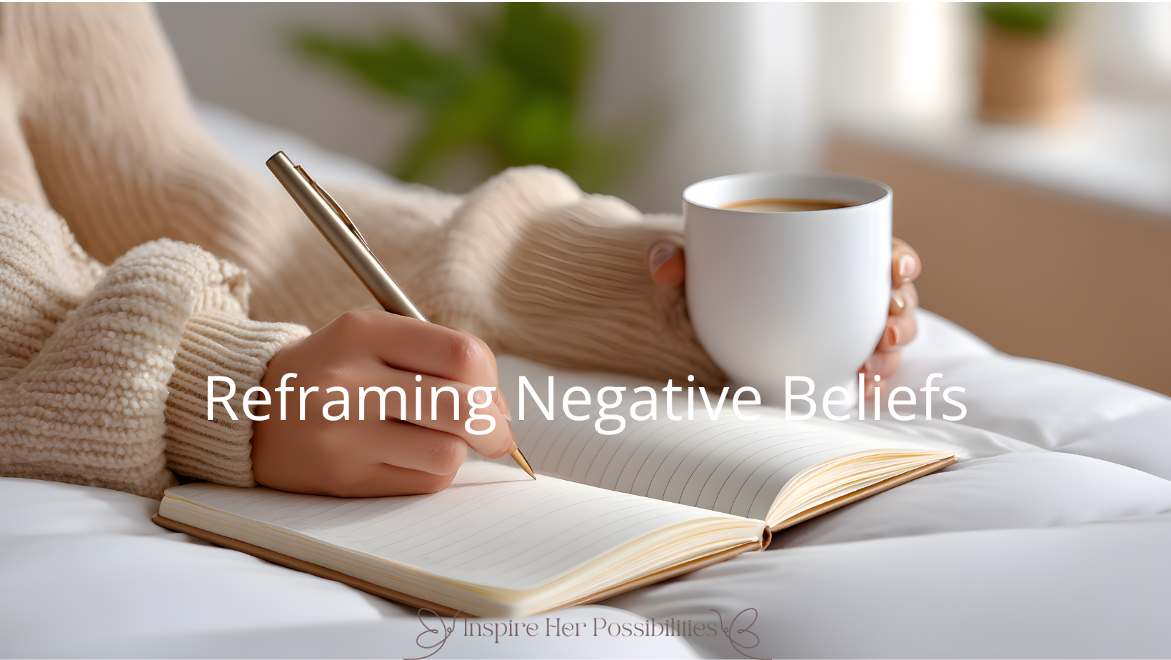 Woman reflecting with journal, practicing reframing negative beliefs